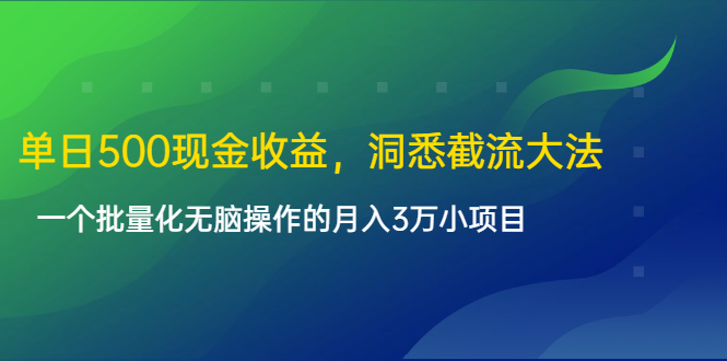 单日500现金收益，洞悉截流大法，一个批量化无脑操作的月入3万小项目-八号资源库