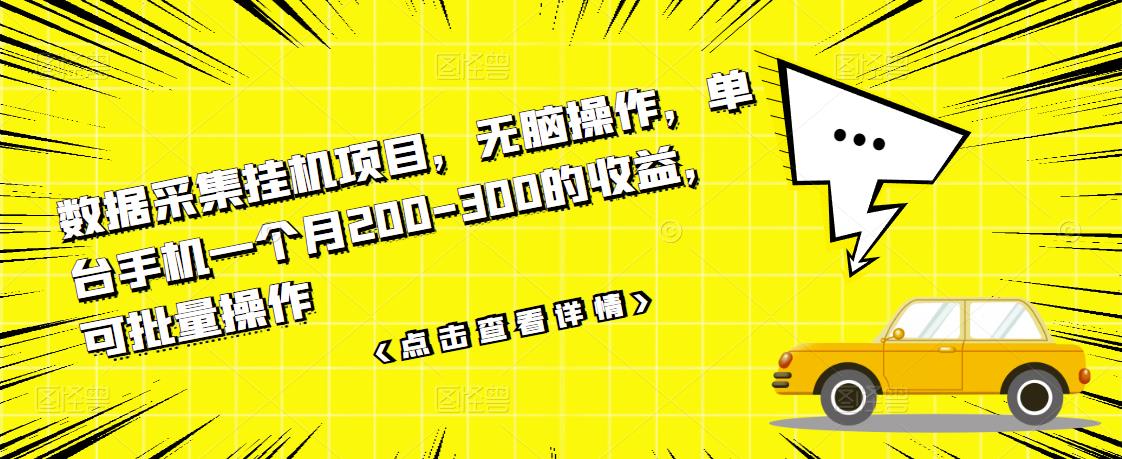 数据采集挂机项目，无脑操作，单台手机一个月200-300的收益，可批量操作-八号资源库
