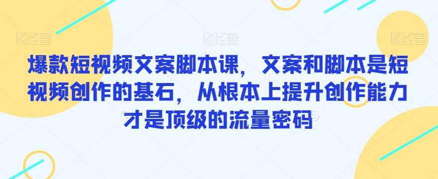爆款短视频文案脚本课，文案和脚本是短视频创作的基石，从根本上提升创作能力才是顶级的流量密码-八号资源库