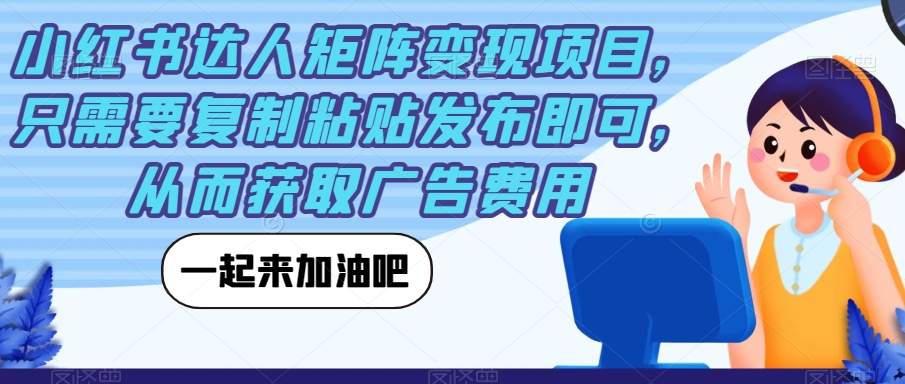 小红书达人矩阵变现项目，只需要复制粘贴发布即可，从而获取广告费用-八号资源库