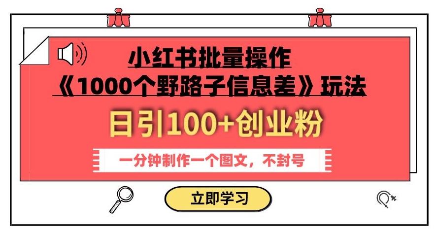 小红书批量操作《1000个野路子信息差》玩法，一分钟制作一个图文，不封号，日引100+创业粉-八号资源库