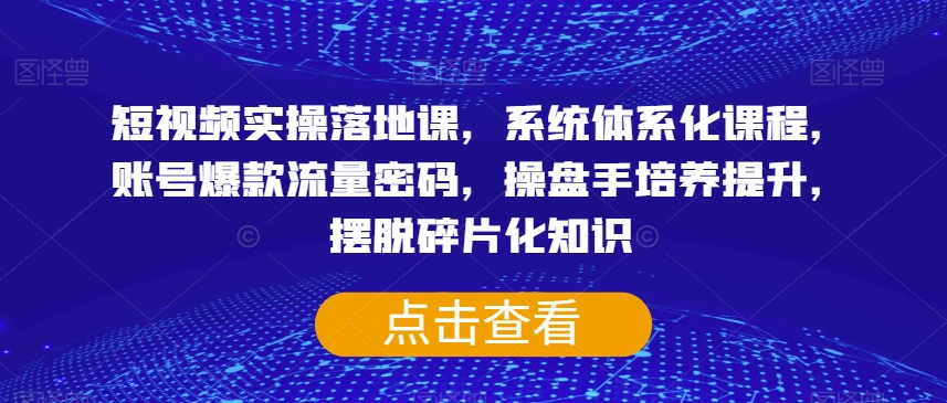 短视频实操落地课，系统体系化课程，账号爆款流量密码，操盘手培养提升，摆脱碎片化知识-八号资源库