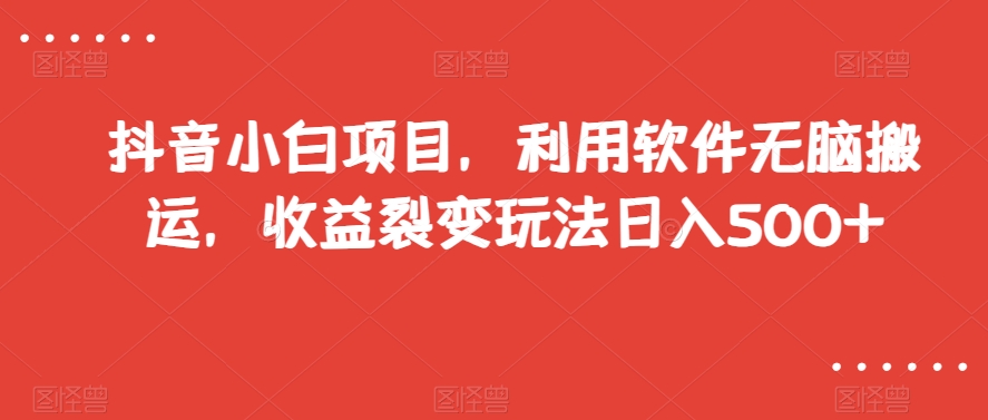 抖音小白项目，利用软件无脑搬运，收益裂变玩法日入500+【揭秘】-八号资源库