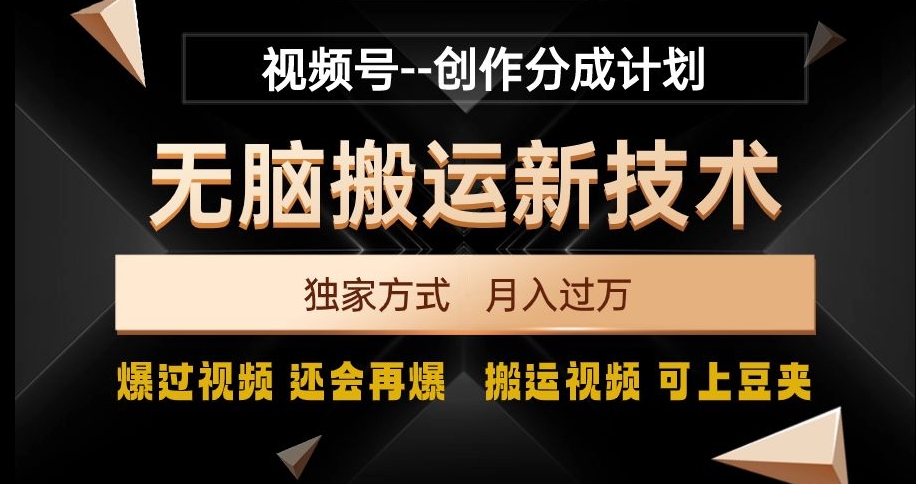 视频号无脑搬运新技术，破原创壕流量，独家方式，爆过视频，还会再爆【揭秘】-八号资源库