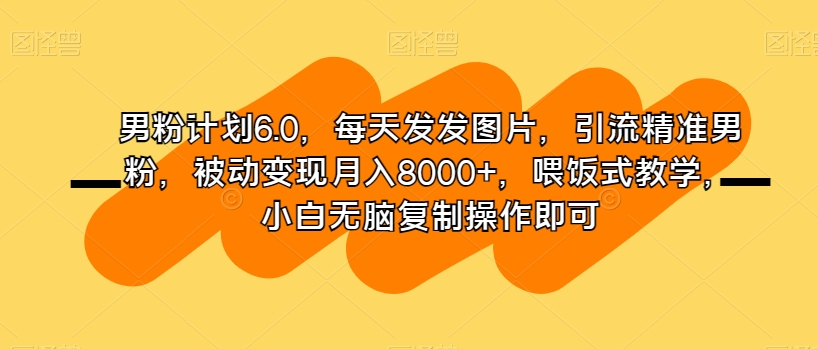 男粉计划6.0，每天发发图片，引流精准男粉，被动变现月入8000+，喂饭式教学，小白无脑复制操作即可-八号资源库