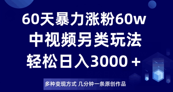 60天暴力涨粉60W，中视频另类玩法，日入3000＋，几分钟一条原创作品多种变现方式-八号资源库