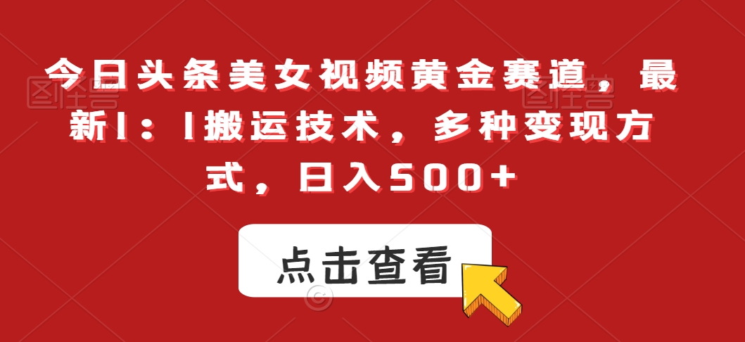 今日头条美女视频黄金赛道，最新1：1搬运技术，多种变现方式，日入500+【揭秘】-八号资源库