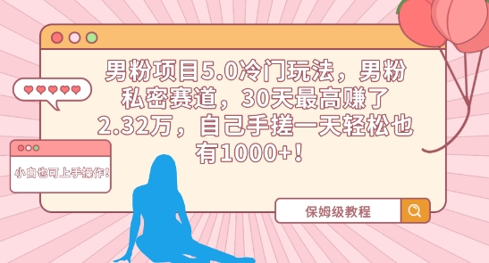 男粉项目5.0冷门玩法，男粉私密赛道，30天最高赚了2.32万，自己手搓一天轻松也有1000+【揭秘】-八号资源库