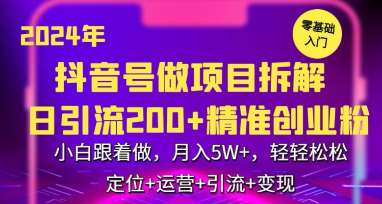 2024年抖音做项目拆解日引流300+创业粉，小白跟着做，月入5万，轻轻松松【揭秘】-八号资源库