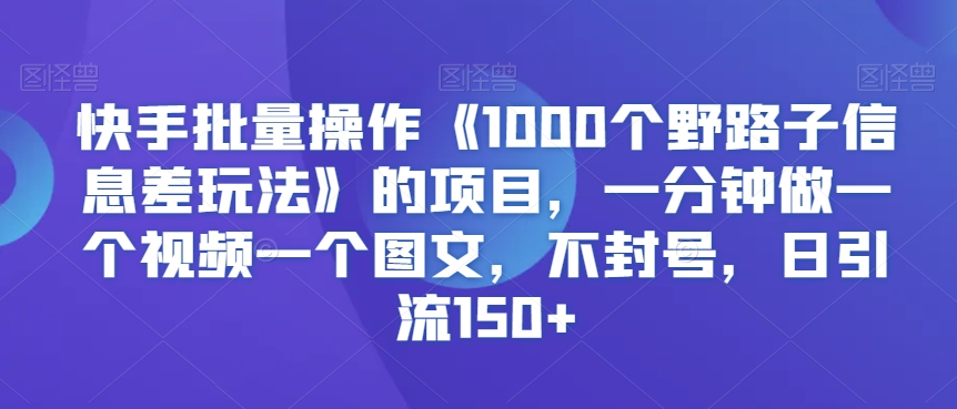 快手批量操作《1000个野路子信息差玩法》的项目，一分钟做一个视频一个图文，不封号，日引流150+【揭秘】-八号资源库