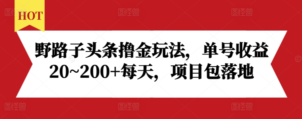 野路子头条撸金玩法，单号收益20~200+每天，项目包落地-八号资源库