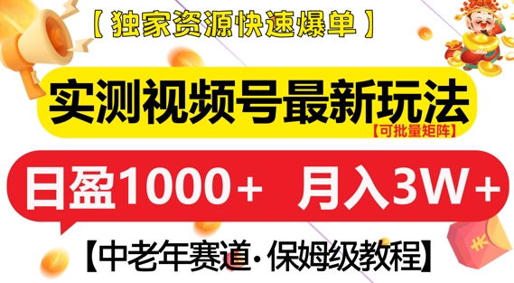 实测视频号最新玩法，中老年赛道，独家资源，月入过W+【揭秘】-八号资源库