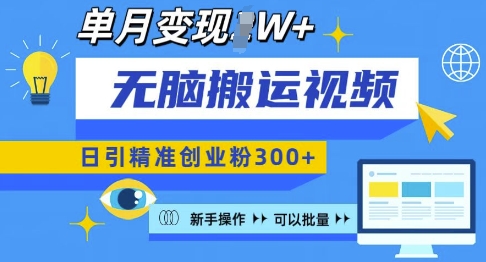 无脑搬运视频号可批量复制，新手即可操作，日引精准创业粉300+，月变现过W 【揭秘】-八号资源库