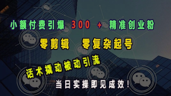 小额付费引爆 300 + 精准创业粉，零剪辑、零复杂起号，话术撬动被动引流，当日实操即见成效-八号资源库