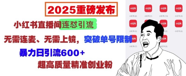 2025重磅发布：小红书直播间连怼引流，无需连麦、无需上镜，突破单号限制，暴力日引流600+-八号资源库
