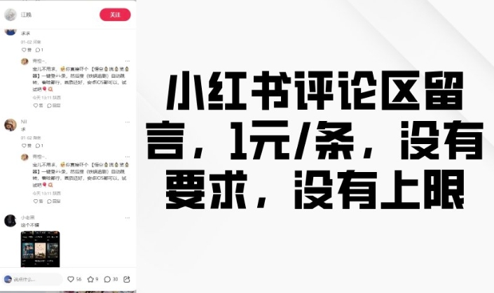 小红书评论区留言，1元条，没有要求，没有上限-八号资源库