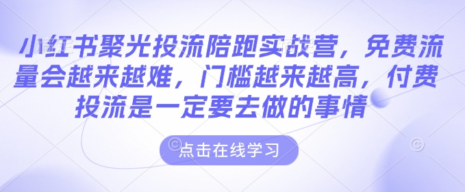 小红书聚光投流陪跑实战营，免费流量会越来越难，门槛越来越高，付费投流是一定要去做的事情-八号资源库